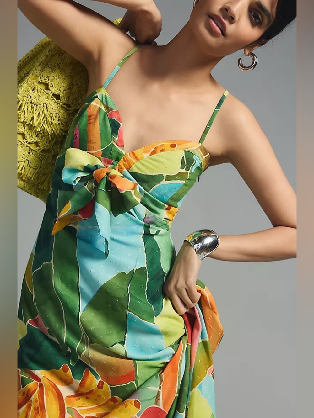 FARM Rio Tie-Waist Tropical Bow-Front Spaghetti Strap Printed Dress